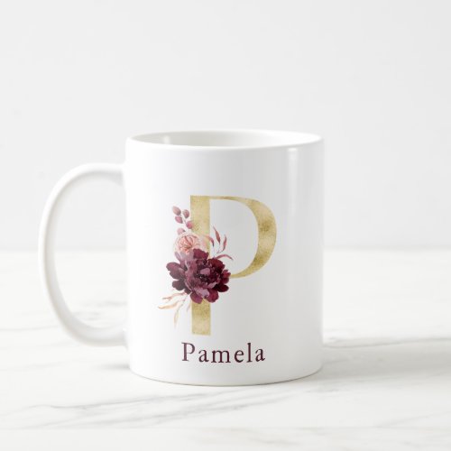 Burgundy Name and Pink Floral Monogram Letter P Coffee Mug