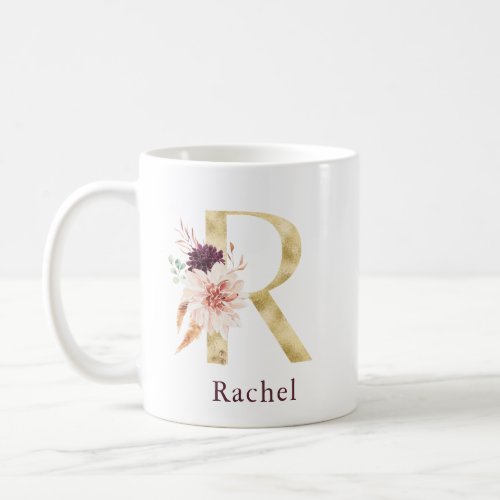 Burgundy Name and Pink Floral Monogram Letter R Coffee Mug