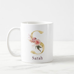 Burgundy Name and Pink Floral Monogram Letter S Coffee Mug