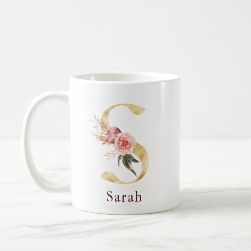 Burgundy Name and Pink Floral Monogram Letter S Coffee Mug