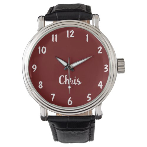 Burgundy Name Black Vintage Leather Band Wrist Watch