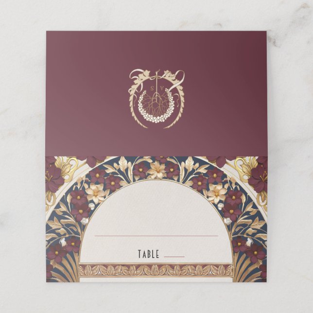 Burgundy Name Cards Wedding Table Vintage (Outside Unfolded)