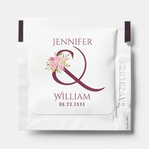 Burgundy names ampersand and pink roses wedding hand sanitizer packet