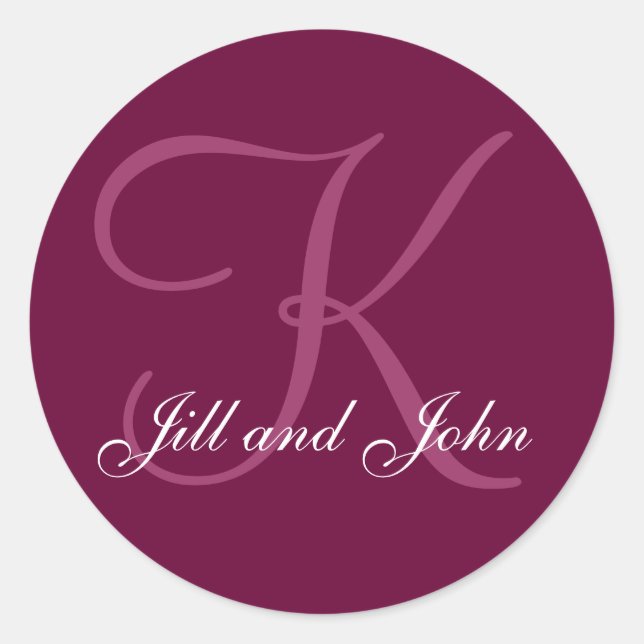 Burgundy Names  Monogram K Wedding Favor Sticker (Front)