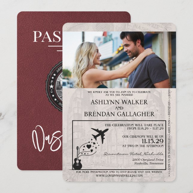 Burgundy Nashville Passport Wedding Invitation (Front/Back)
