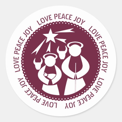 Burgundy Nativity Scene Love Peace Joy Christmas Classic Round Sticker