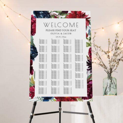 Burgundy  Navy Alphabetical Wedding Seating Chart Foam Board