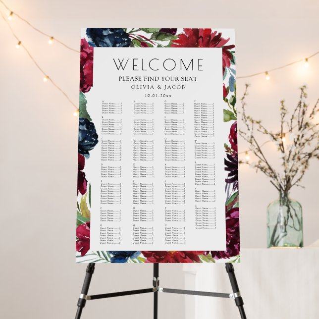 Burgundy & Navy Alphabetical Wedding Seating Chart Foam Board (In Situ (Stand))