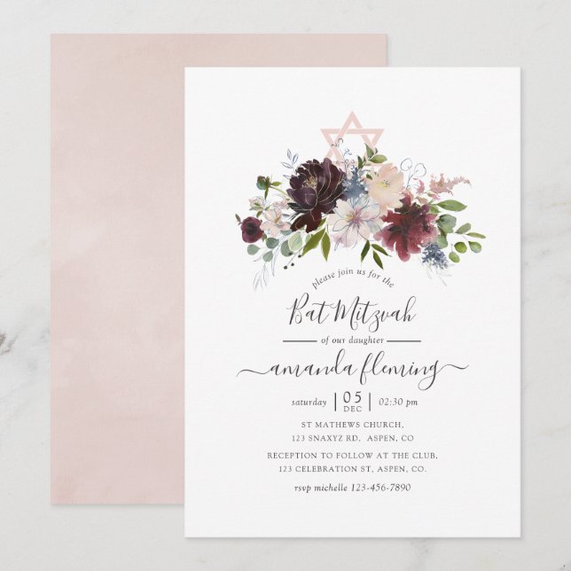 Burgundy, Navy and Blush Bat Mitzvah Invitation (Front/Back)