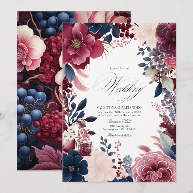 Burgundy, Navy, and Blush Boho Floral Wine Wedding Invitation (Front/Back)