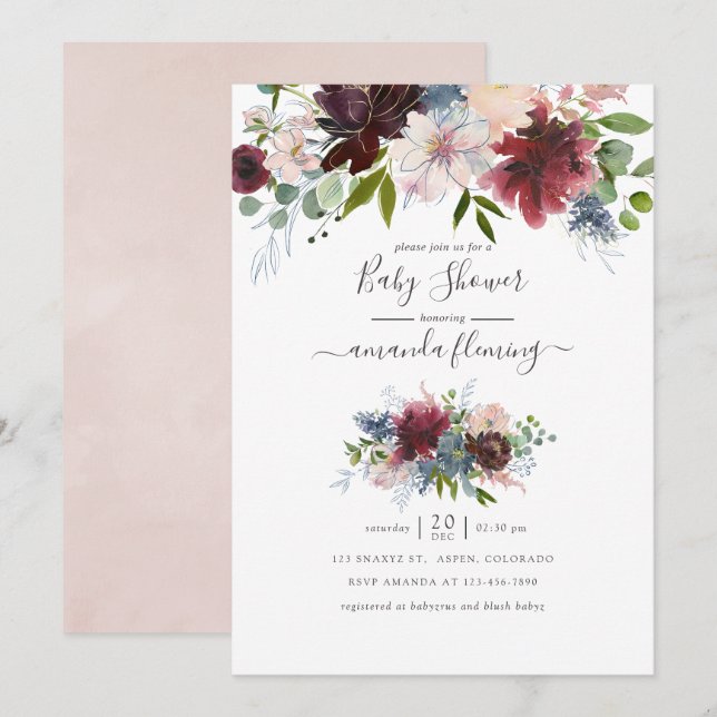 Burgundy, Navy and Blush Floral Baby Shower Invitation (Front/Back)