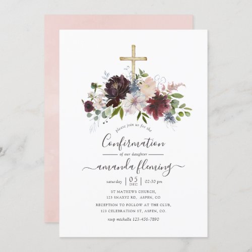 Burgundy Navy and Blush Floral Confirmation Invitation