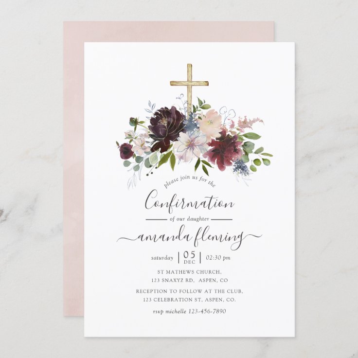 Burgundy, Navy and Blush Floral Confirmation Invitation | Zazzle