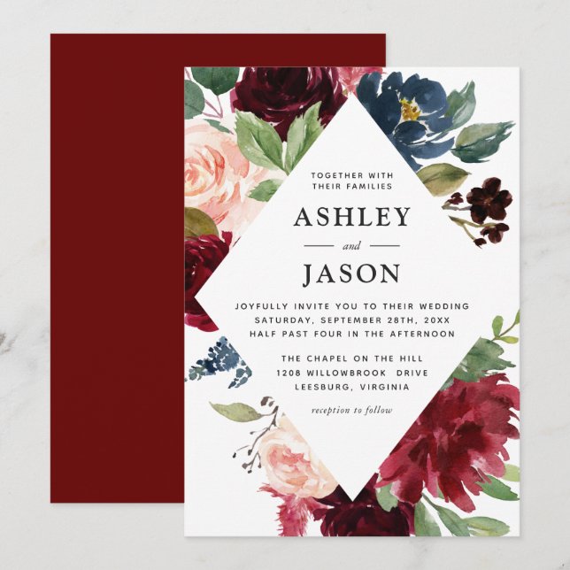 Burgundy Navy and Blush Floral Geometric Wedding Invitation (Front/Back)