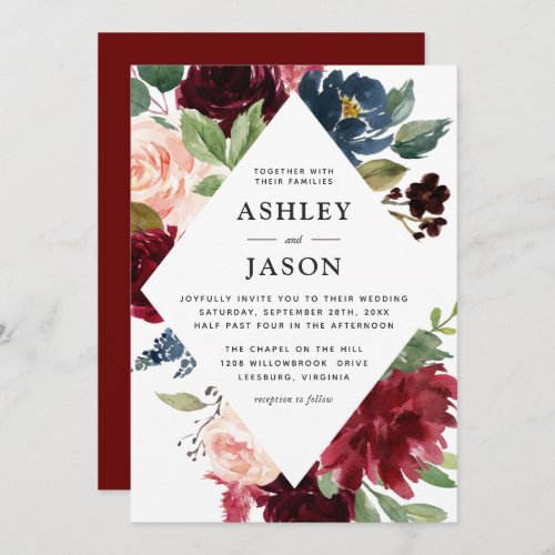 Burgundy Navy and Blush Floral Geometric Wedding Invitation