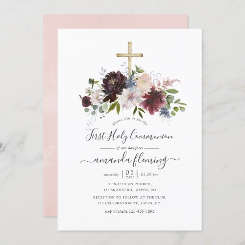 Burgundy Navy and Blush Floral Holy Communion Invitation