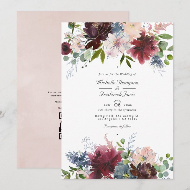 Burgundy, Navy and Blush Floral QR Code Wedding Invitation (Front/Back)