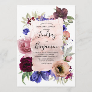 Burgundy Navy and Blush Floral Rehearsal Dinner Invitation