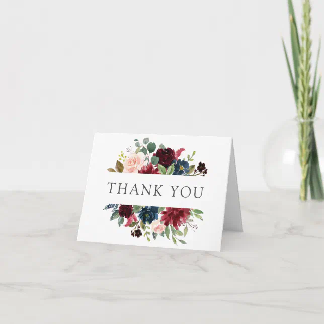 Burgundy Navy and Blush Floral Thank You | Zazzle