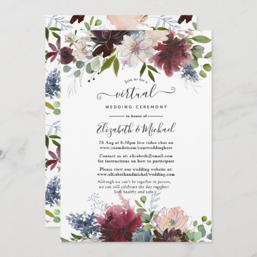 Burgundy Navy and Blush Floral Virtual Wedding Invitation