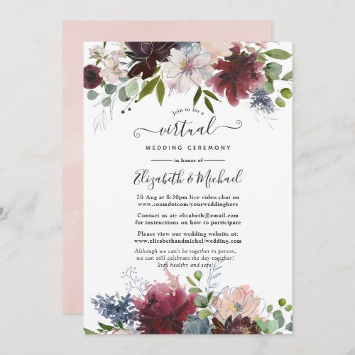 Burgundy Navy and Blush Floral Virtual Wedding Invitation