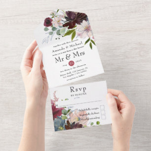 Burgundy, Navy and Blush Floral Wedding All In One Invitation