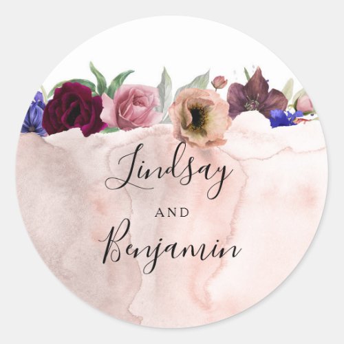 Burgundy Navy and Blush Floral Wedding Classic Round Sticker