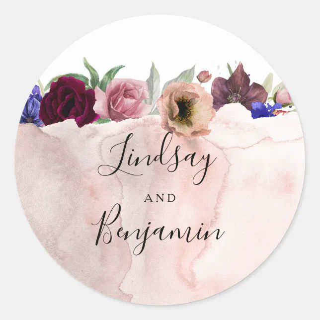 Burgundy Navy and Blush Floral Wedding Classic Round Sticker | Zazzle