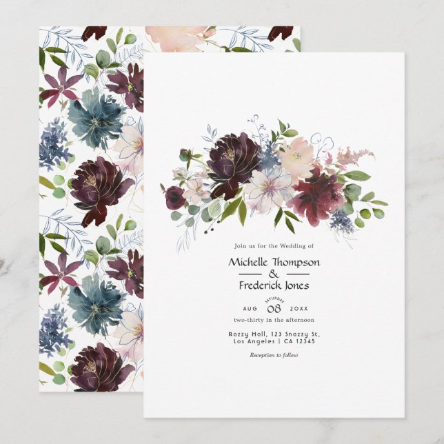 Burgundy, Navy and Blush Floral Wedding Invitation (Front/Back)