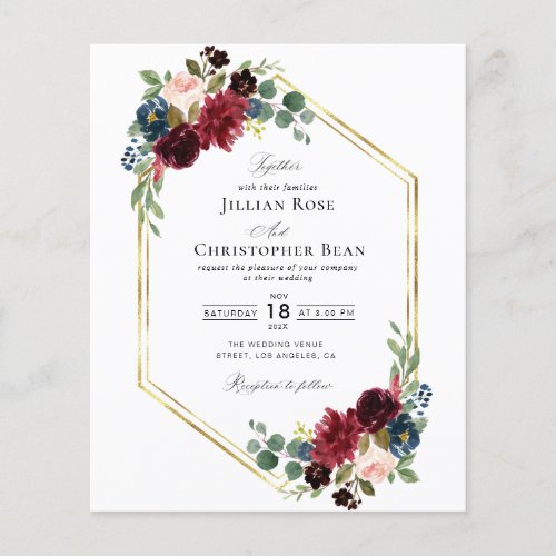 Burgundy navy and blush floral wedding invitation