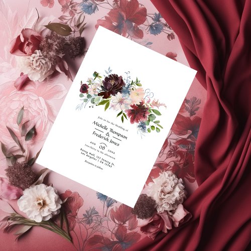 Burgundy Navy and Blush Floral Wedding Invitation