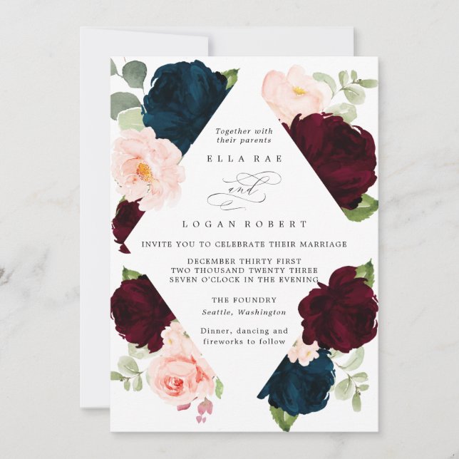 Burgundy Navy and Blush Floral Wedding Invitation (Front)