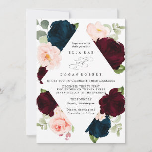 Burgundy Navy and Blush Floral Wedding Invitation
