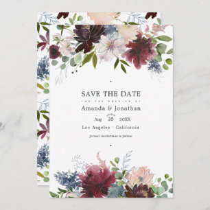 Burgundy, Navy and Blush Floral Wedding Photo Save The Date