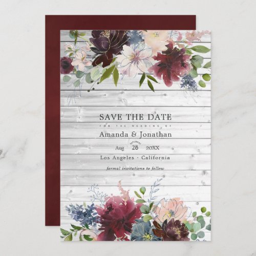 Burgundy Navy and Blush Floral Wedding Photo Save The Date