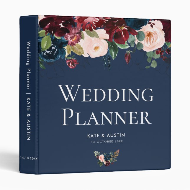 burgundy navy and blush floral wedding planner 3 ring binder (Front/Spine)