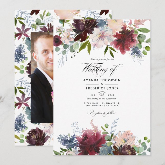 Burgundy, Navy and Blush Floral Wedding Update Inv Invitation (Front/Back)