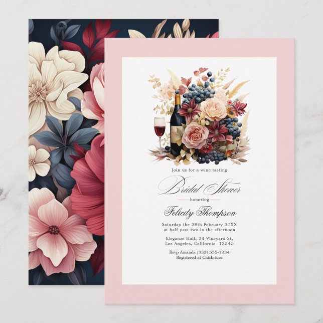 Burgundy, Navy and Blush Floral Wine Bridal Shower Invitation (Front/Back)