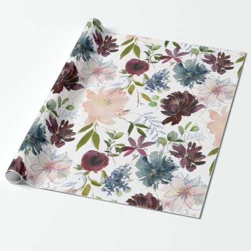 Burgundy Navy and Blush Floral Wrapping Paper