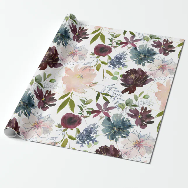 Burgundy, Navy and Blush Floral Wrapping Paper | Zazzle