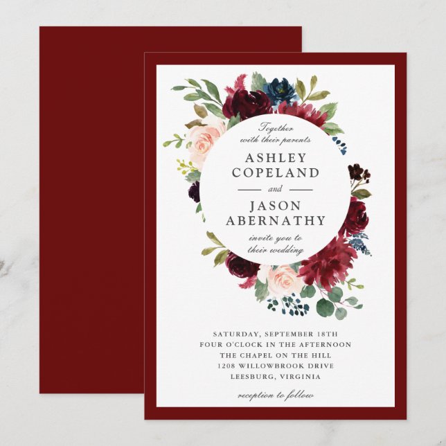 Burgundy, Navy and Blush Framed Floral Wedding Invitation (Front/Back)