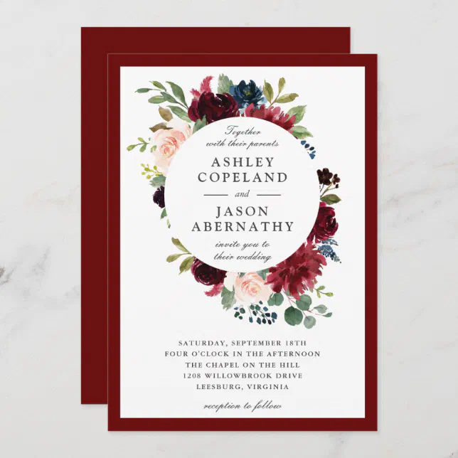 Burgundy, Navy and Blush Framed Floral Wedding Invitation | Zazzle