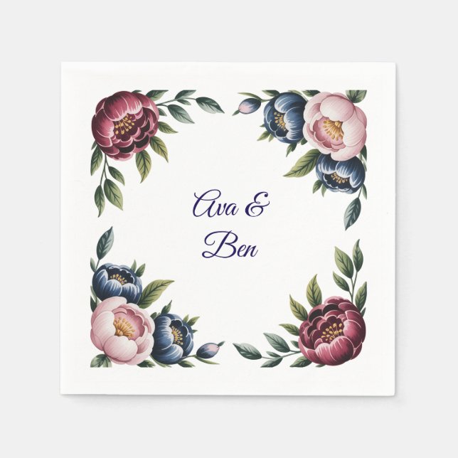 Burgundy Navy and Blush Peony Wedding Floral Napkins (Front)