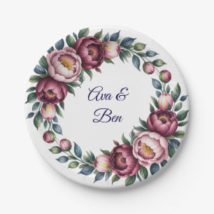 Burgundy Navy and Blush Peony Wedding Floral Paper Plates