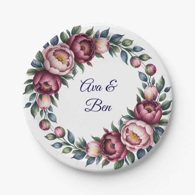 Burgundy Navy and Blush Peony Wedding Floral Paper Plates (Front)