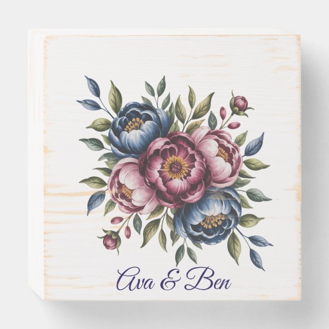 Burgundy Navy and Blush Peony Wedding Floral Wooden Box Sign (Front Horizontal)