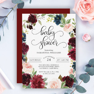 Burgundy Navy and Blush Pink Floral Baby Shower Invitation