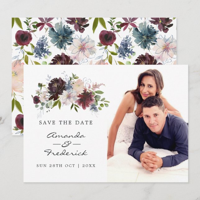 Burgundy, Navy and Blush Pink Wedding Save The Date (Front/Back)