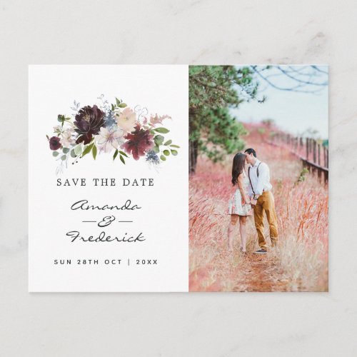 Burgundy Navy and Blush Pink Wedding Save the Date Postcard