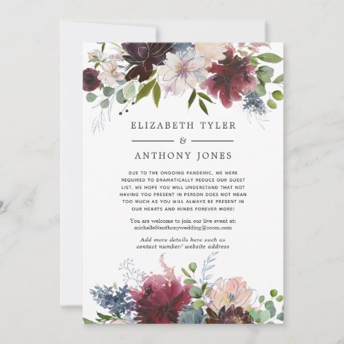 Burgundy Navy and Blush Reduced Wedding Guests Announcement